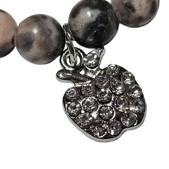 Boho Silver Tone Rhinestone Apple Charm Beaded Stretch Bracelet Stone Beads - Picture 2 of 4